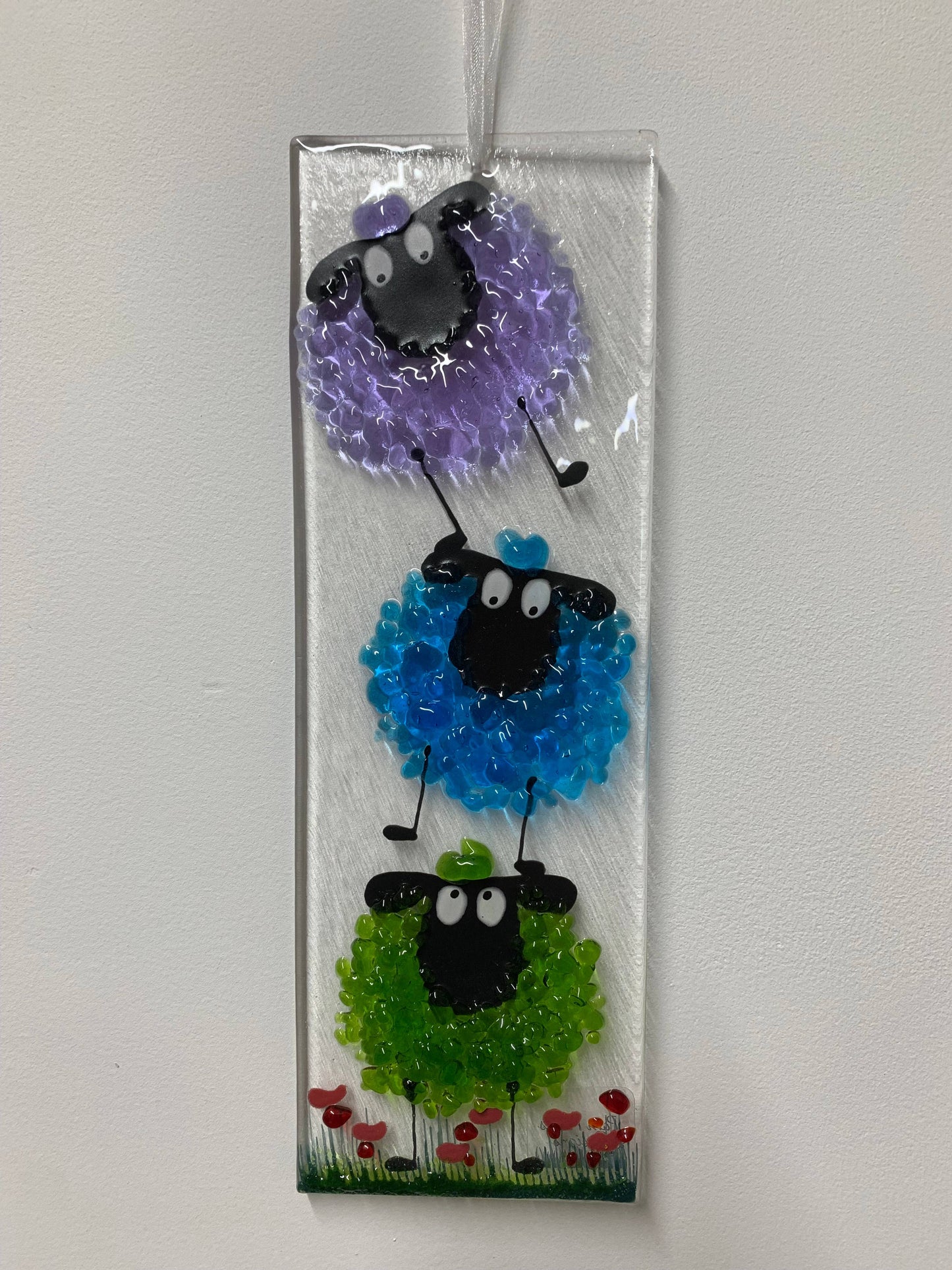 Fused Glass Sheep Hanging Ornament - Green, Blue & Purple