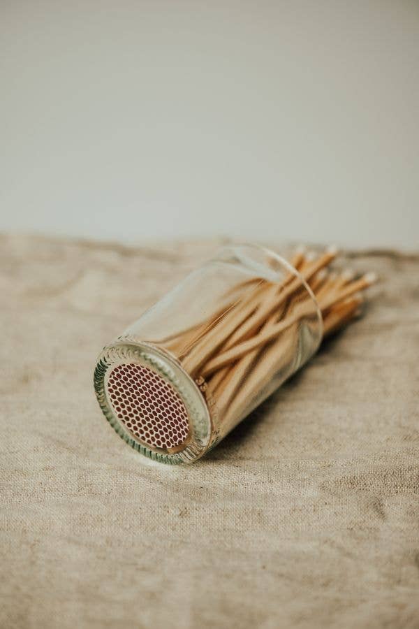 Recycled Olive Green Glass Match Pot, Long Matches & Striker