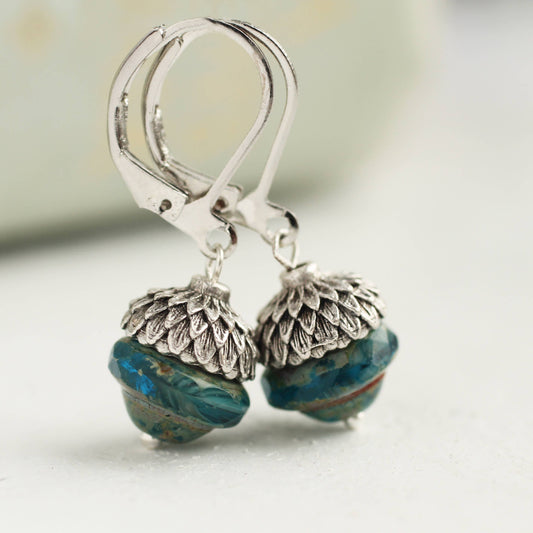 Teal Silver Acorn Earrings