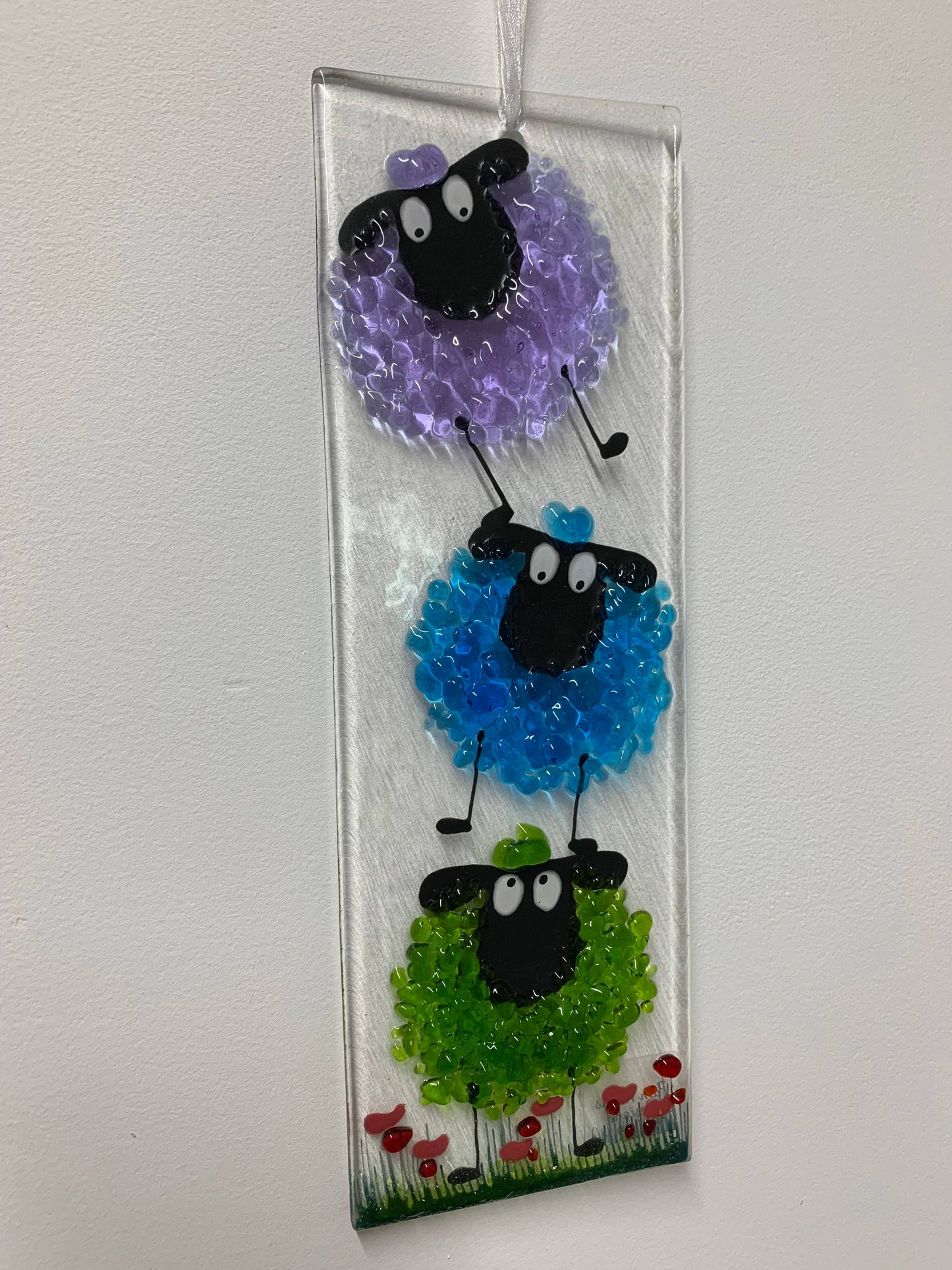 Fused Glass Sheep Hanging Ornament - Green, Blue & Purple