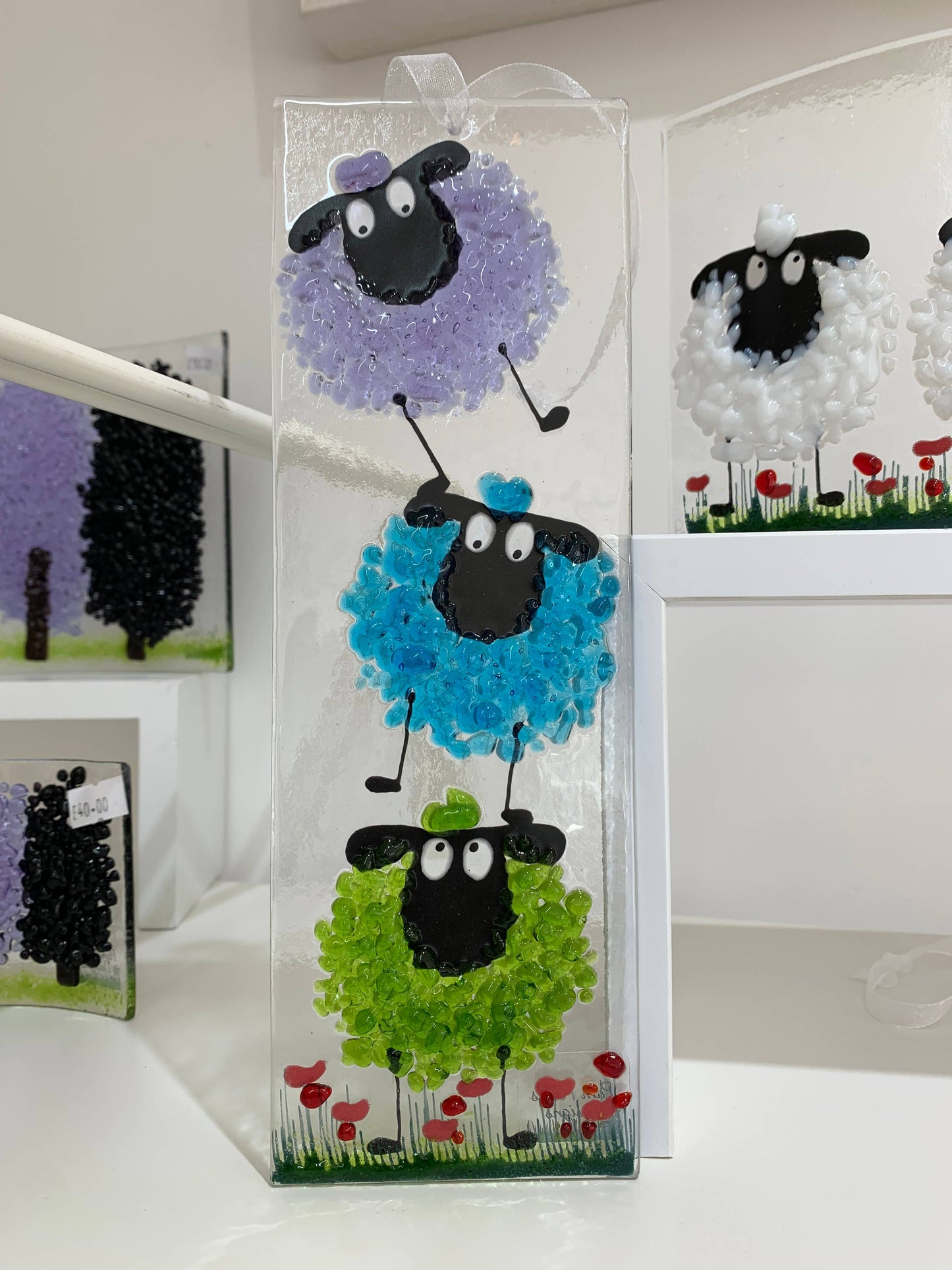 Fused Glass Sheep Hanging Ornament - Green, Blue & Purple