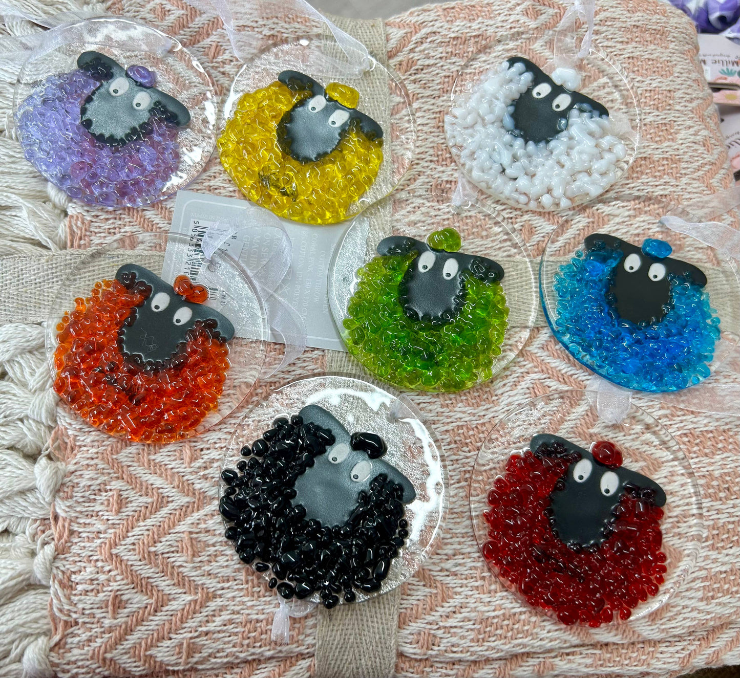 Fused Glass Round Sheep Hanging Ornament - Purple sheep