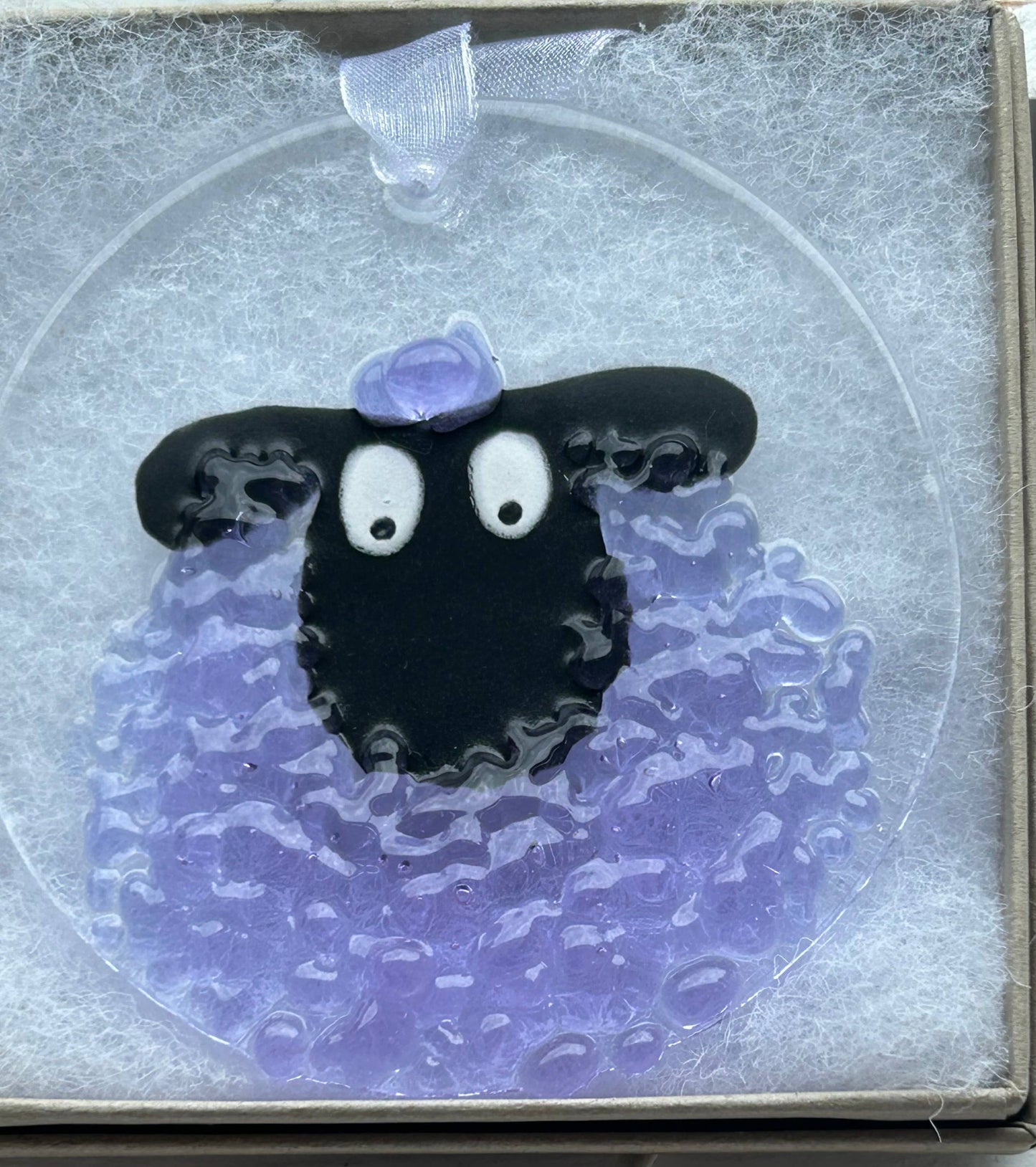 Fused Glass Round Sheep Hanging Ornament - Purple sheep