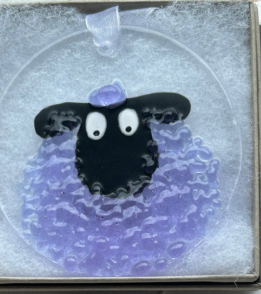 Fused Glass Round Sheep Hanging Ornament - Purple sheep