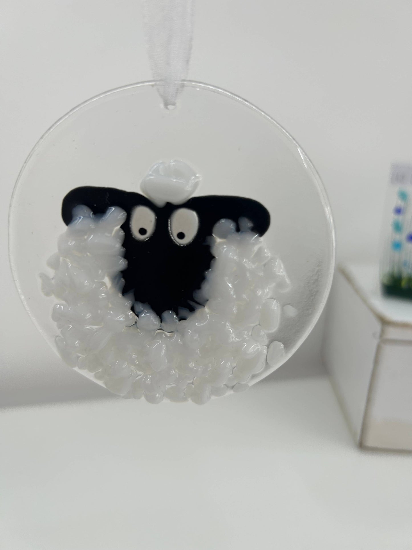 Fused Glass Round Sheep Hanging Ornament - white & black