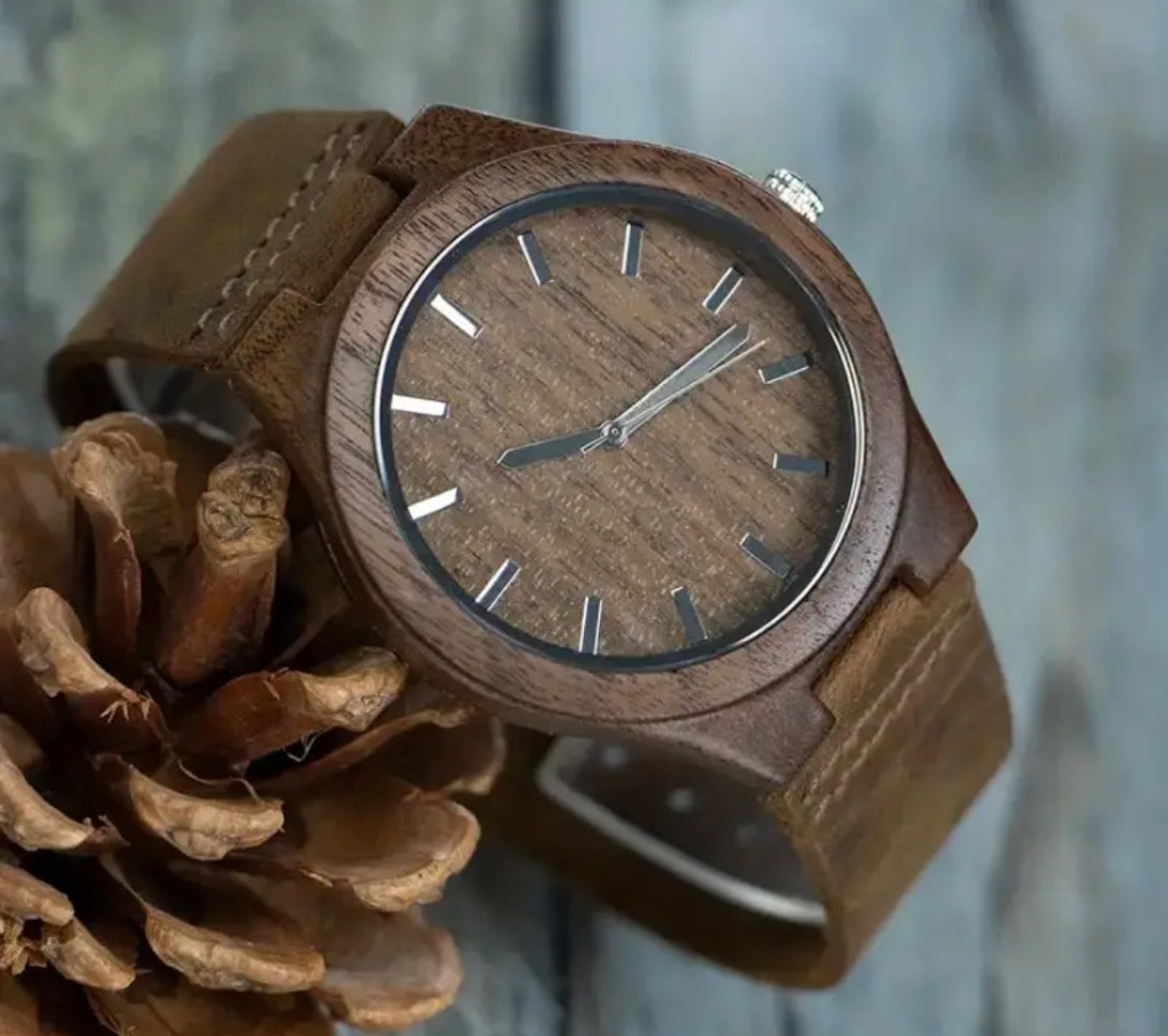 Walnut Wood Wrist Watch with Genuine Leather Strap