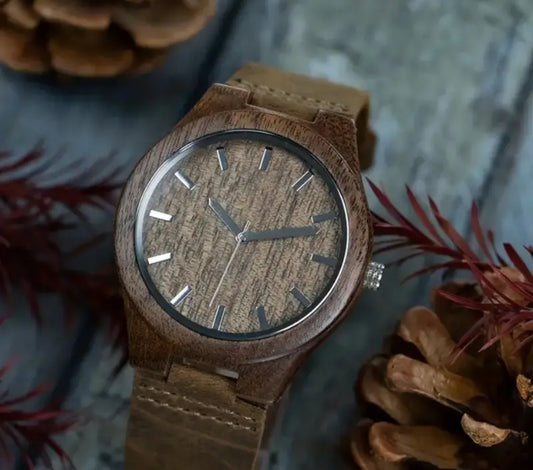 Walnut Wood Wrist Watch with Genuine Leather Strap