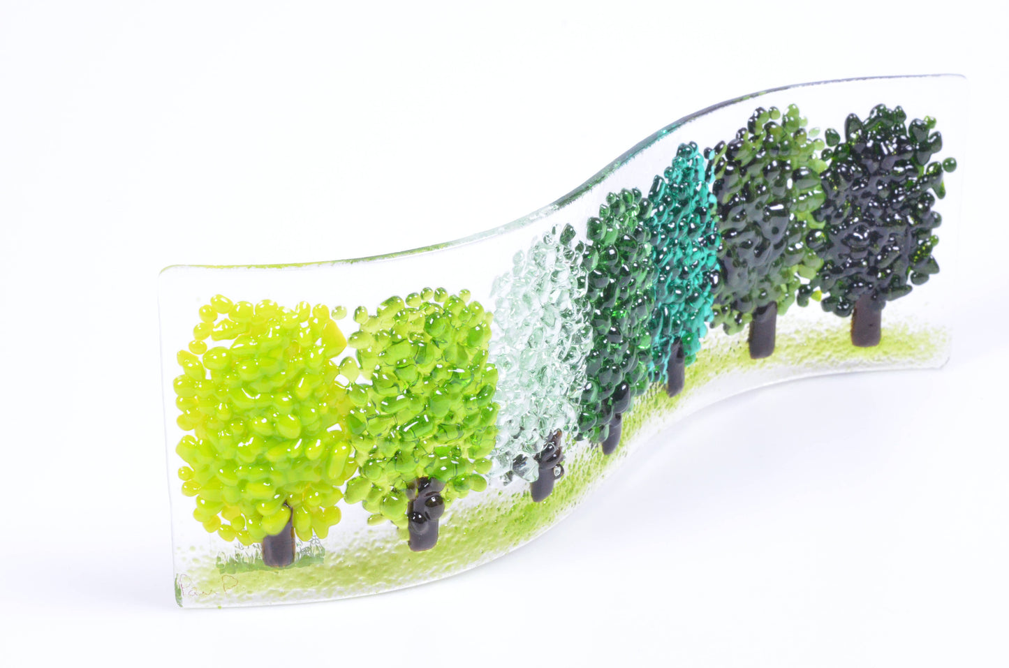 Fused Glass Green Trees Wave