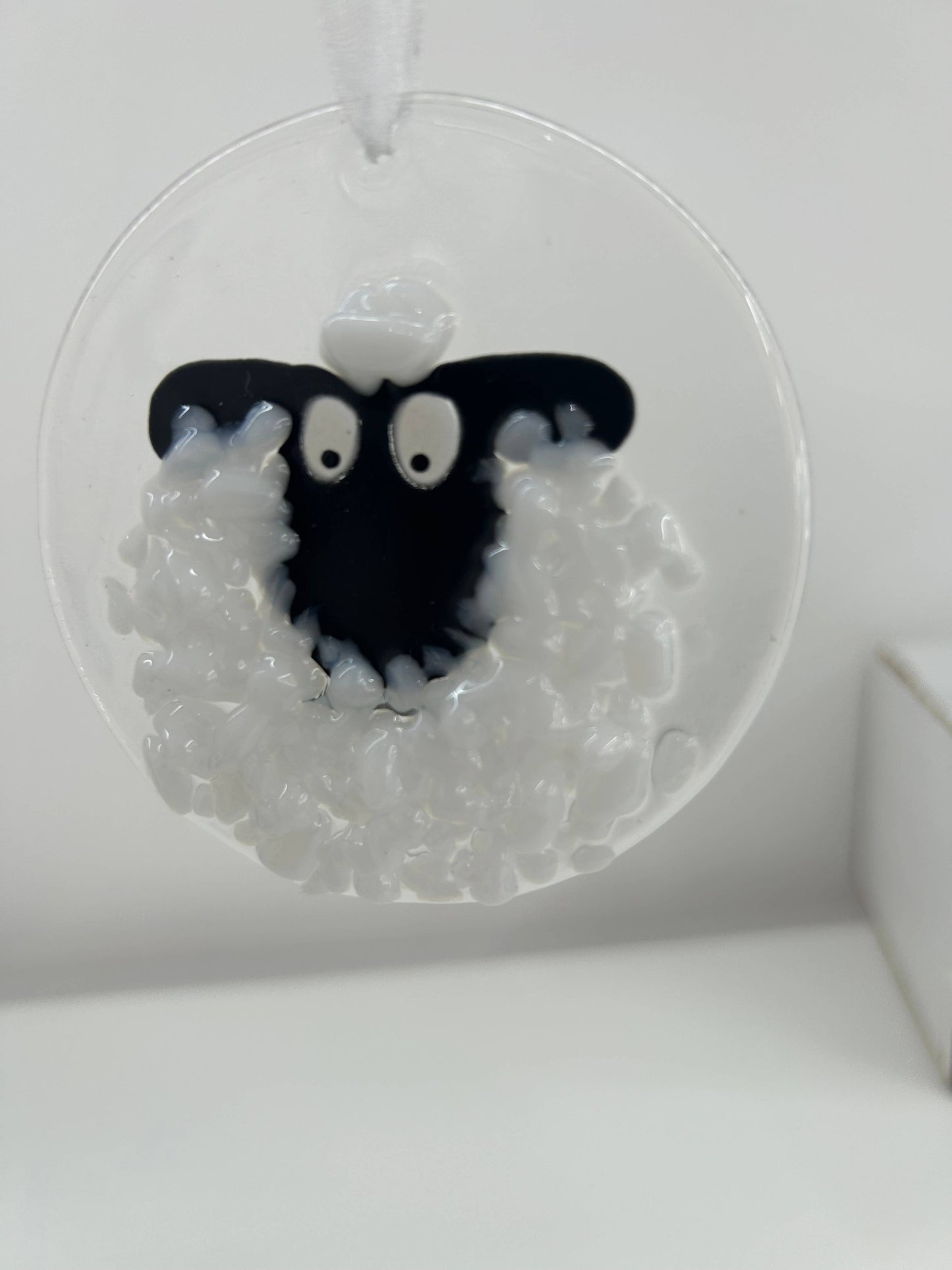 Fused Glass Round Sheep Hanging Ornament - white & black