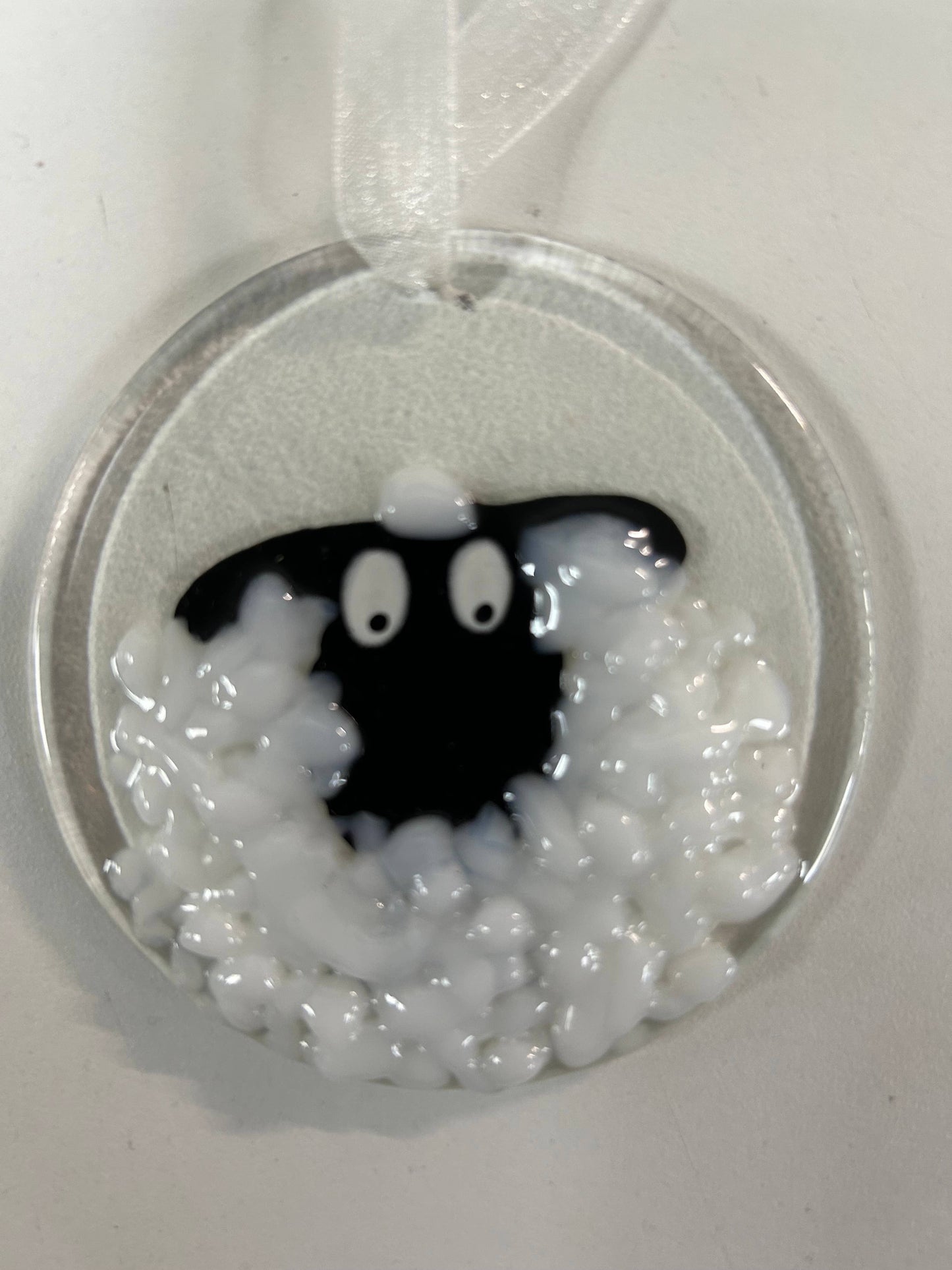 Fused Glass Round Sheep Hanging Ornament - white & black