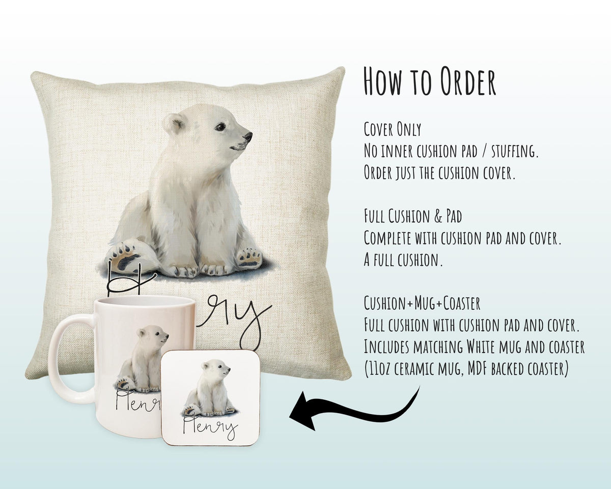 Personalised Polar Bear Cub Cushion Gift Printed Name Design - Cushion Throw Pillow Gift For Boys Nursery Bedroom Birthday Gift CS466