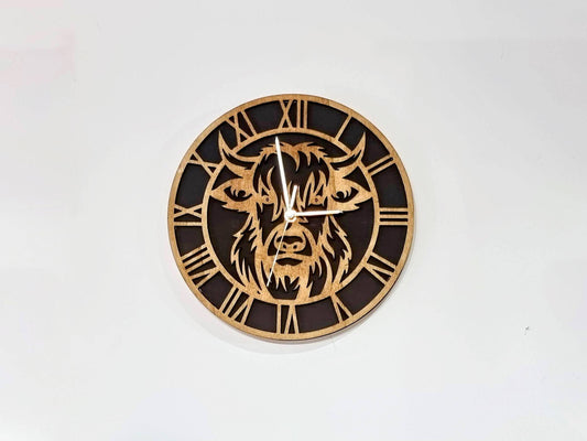 50cm Highland Cow Wooden Wall Clock, Scotland Home Decor