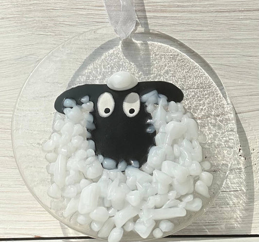 Fused Glass Round Sheep Hanging Ornament - white & black