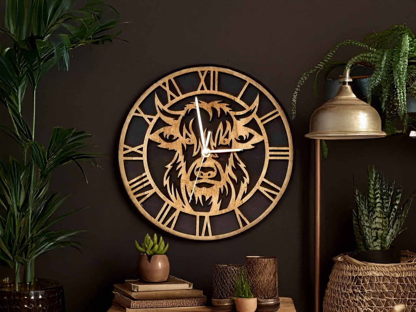 40cm Highland Cow Wooden Wall Clock, Scotland Home Decor