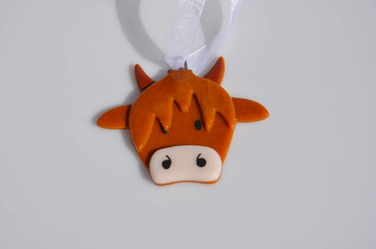 Handmade Fused Glass Highland Cow Hanging Decoration