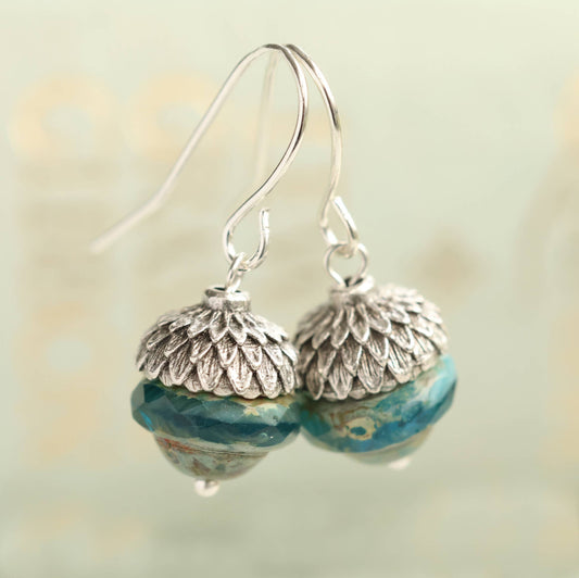 Teal Silver Acorn Earrings