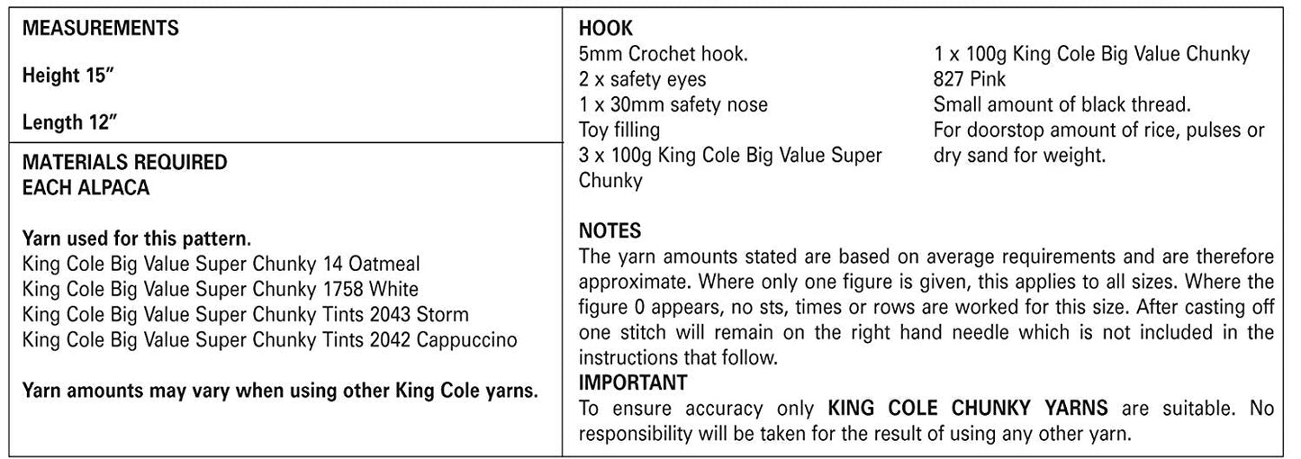 King Cole 9081 Crochet Pattern Andre the Alpaca Toy / Doorstop in King Cole Big Value Super Chunky