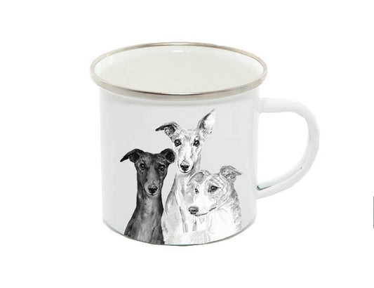 Enamel Mug, 3 Whippets, Monochrome