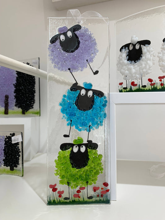 Fused Glass Sheep Hanging Ornament - Green, Blue & Purple