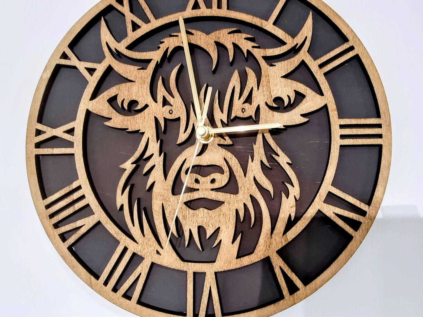 50cm Highland Cow Wooden Wall Clock, Scotland Home Decor