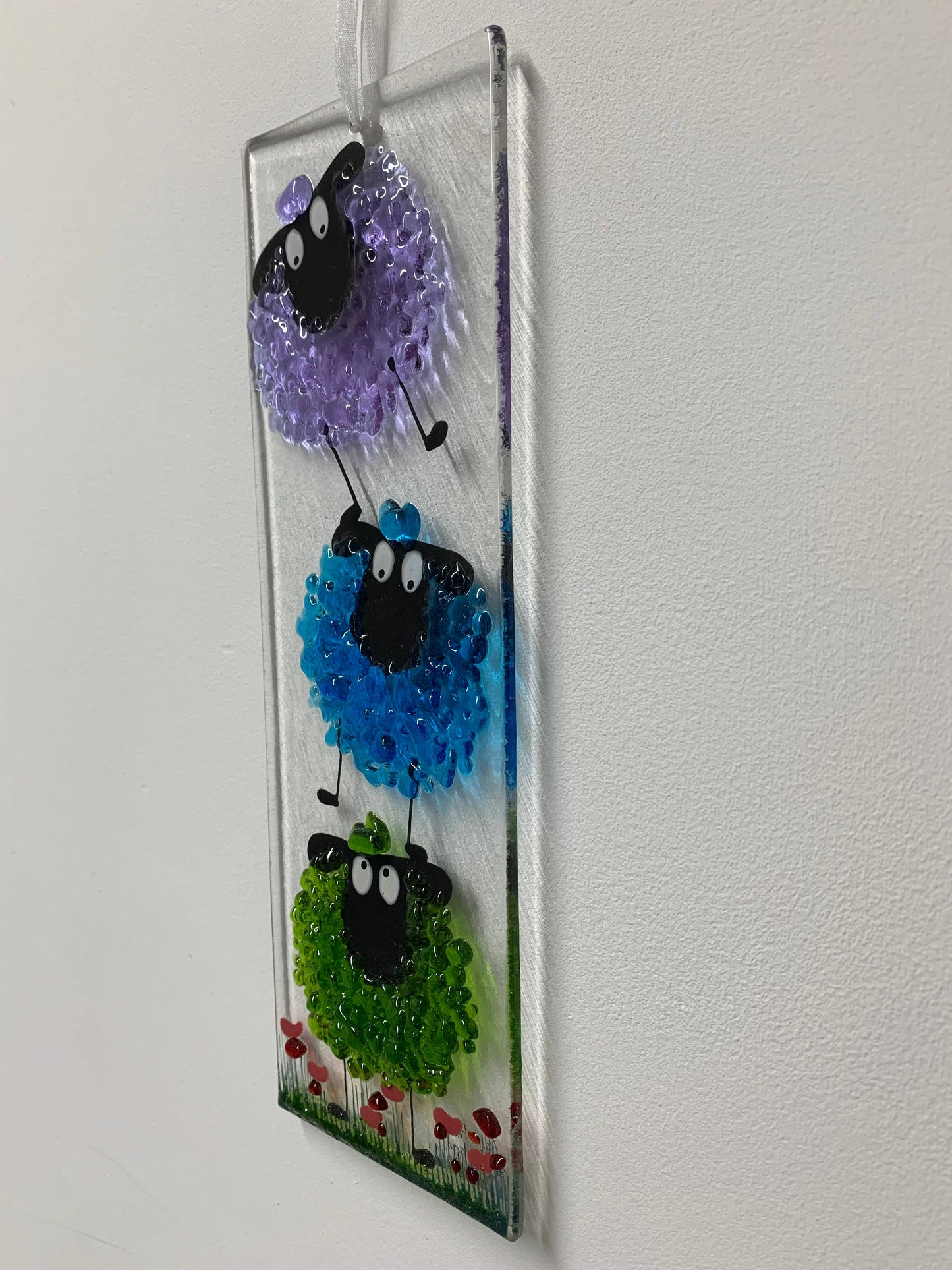 Fused Glass Sheep Hanging Ornament - Green, Blue & Purple