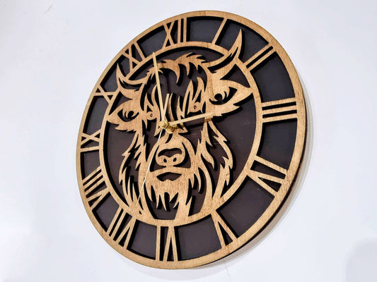 40cm Highland Cow Wooden Wall Clock, Scotland Home Decor