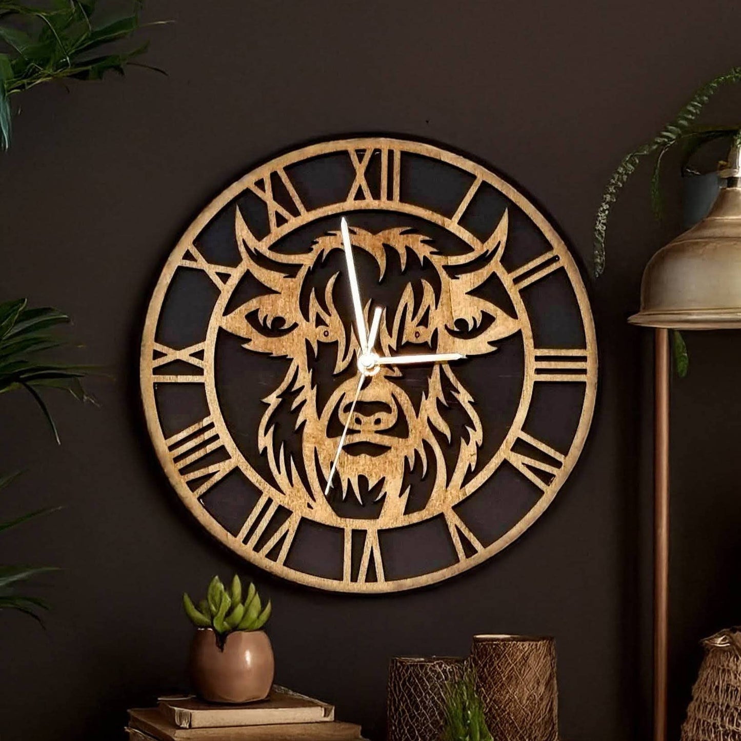 40cm Highland Cow Wooden Wall Clock, Scotland Home Decor