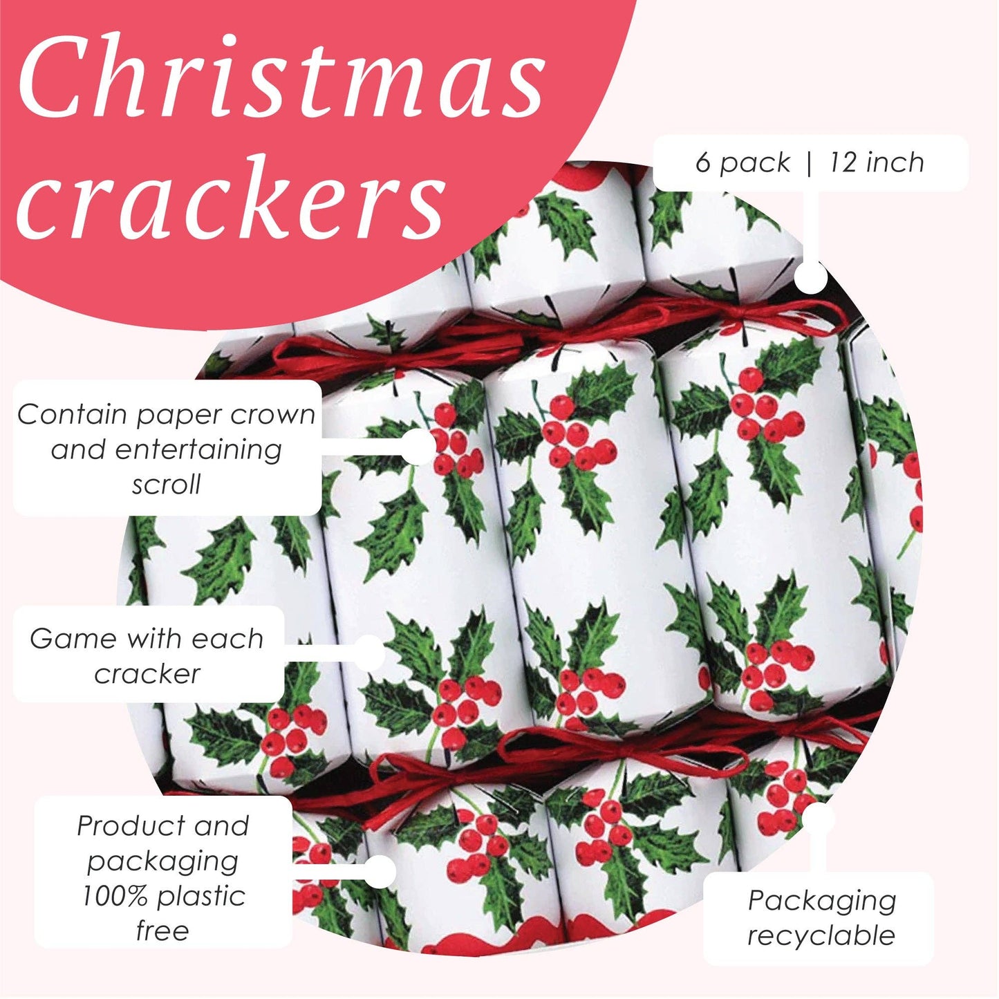 Holly White Christmas Crackers | 6 Pack | Christmas Table |