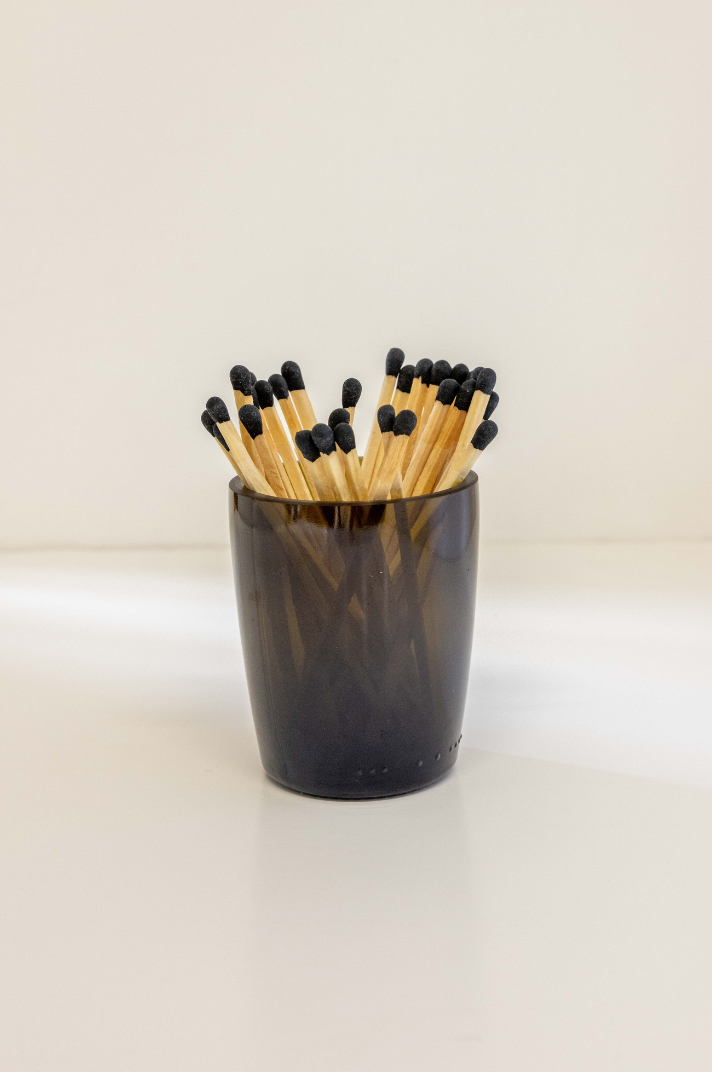 Recycled Olive Green Glass Match Pot, Long Matches & Striker