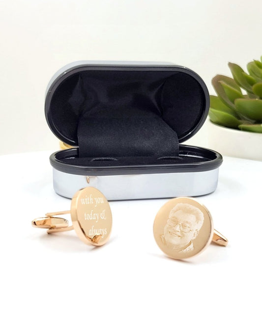 Personalised Round Gold Cufflinks – Photo Engraved in Chrome Case for Groom, Best Man & Father of Groom