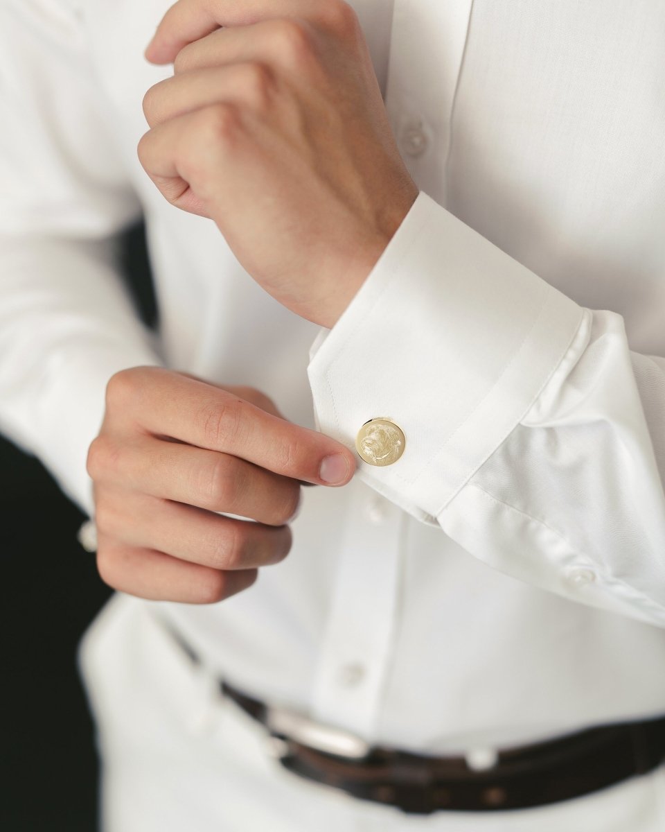 Personalised Round Gold Cufflinks – Photo Engraved in Chrome Case for Groom, Best Man & Father of Groom