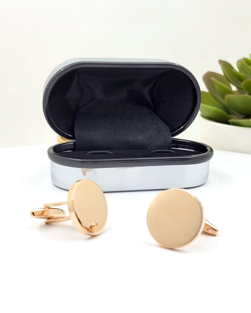 Personalised Round Gold Cufflinks – Photo Engraved in Chrome Case for Groom, Best Man & Father of Groom