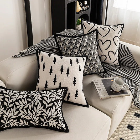 Modern Minimalist Refreshing Black White Sofa Pillow Backlight Luxury Bedside Cushion Cover Stripe Plant Floral Heart Shape Pattern