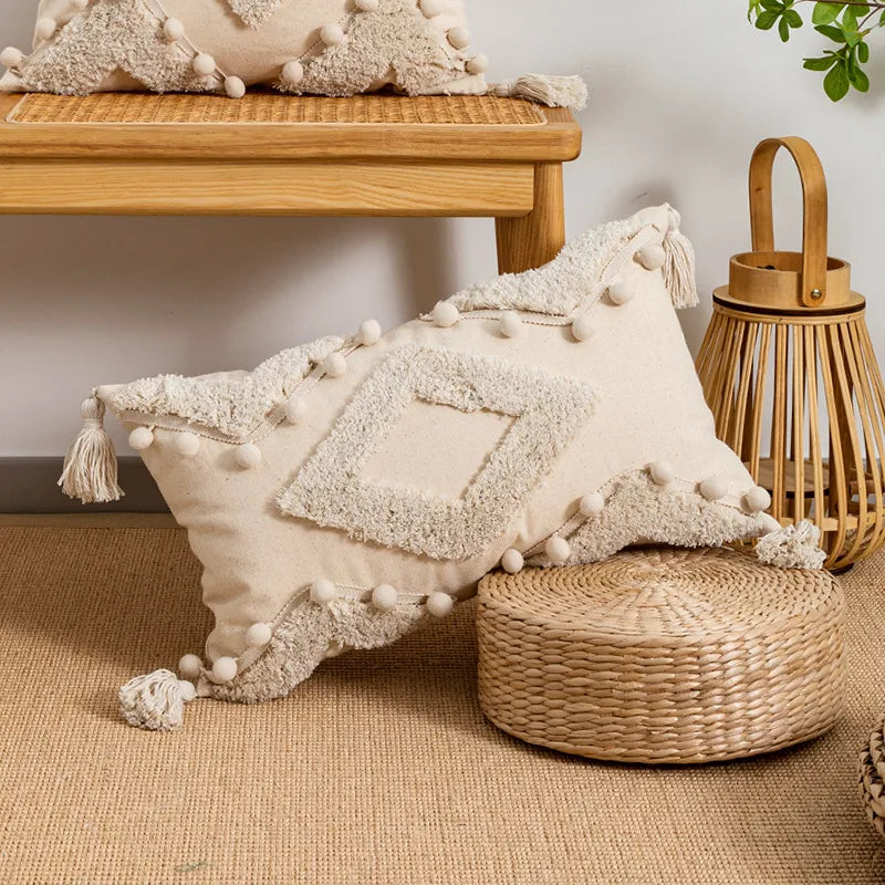 Bohemian Geometry Plush Pillow Moroccan White Flocking Sofa Cushion Model Room Sample House Pillow Soft Decorative Pillow