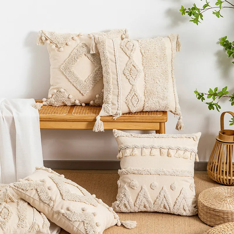 Bohemian Geometry Plush Pillow Moroccan White Flocking Sofa Cushion Model Room Sample House Pillow Soft Decorative Pillow